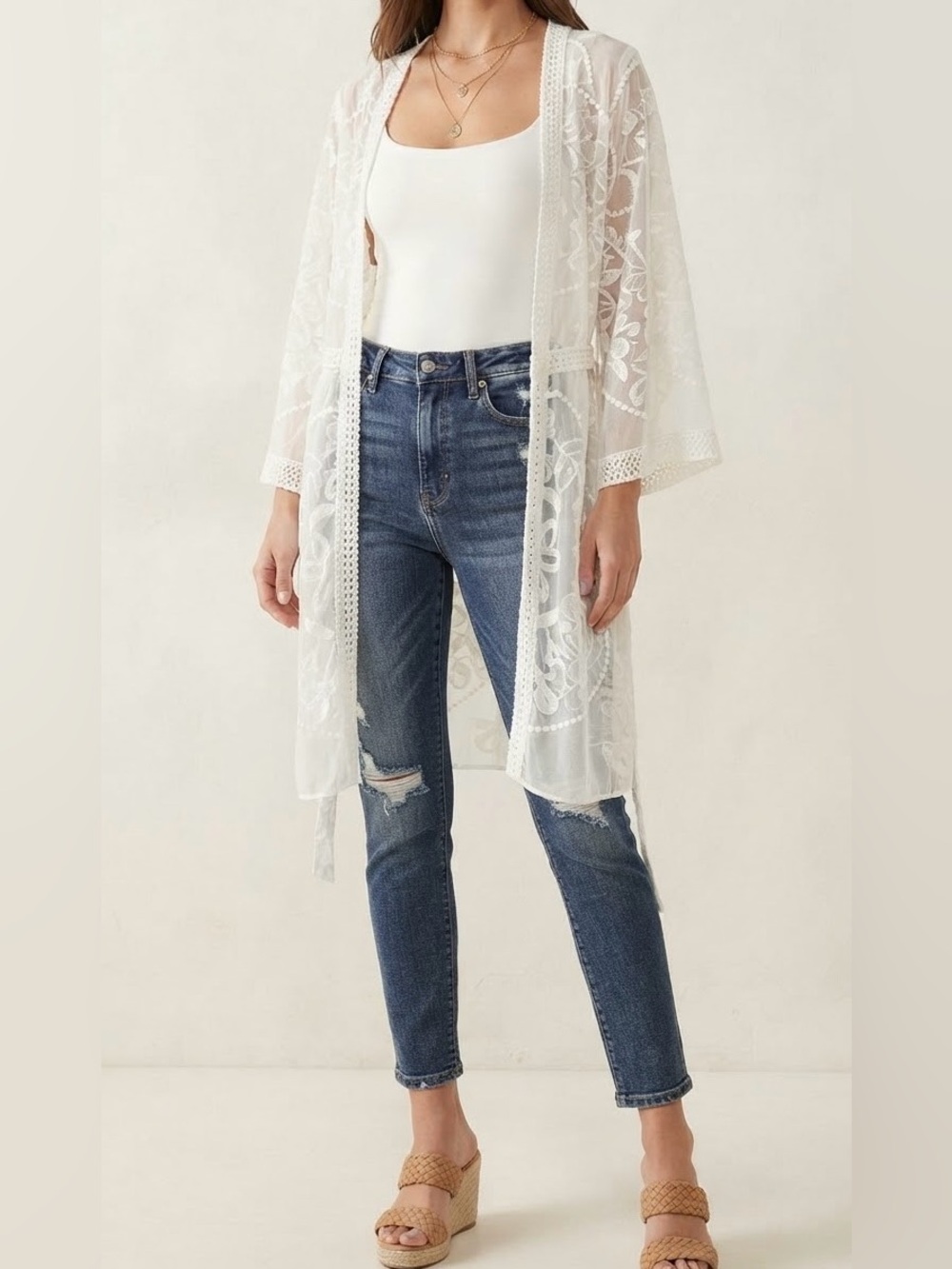 Umgee White Sheer Embroidered Lace Floral Kimono Cardigan Size XL